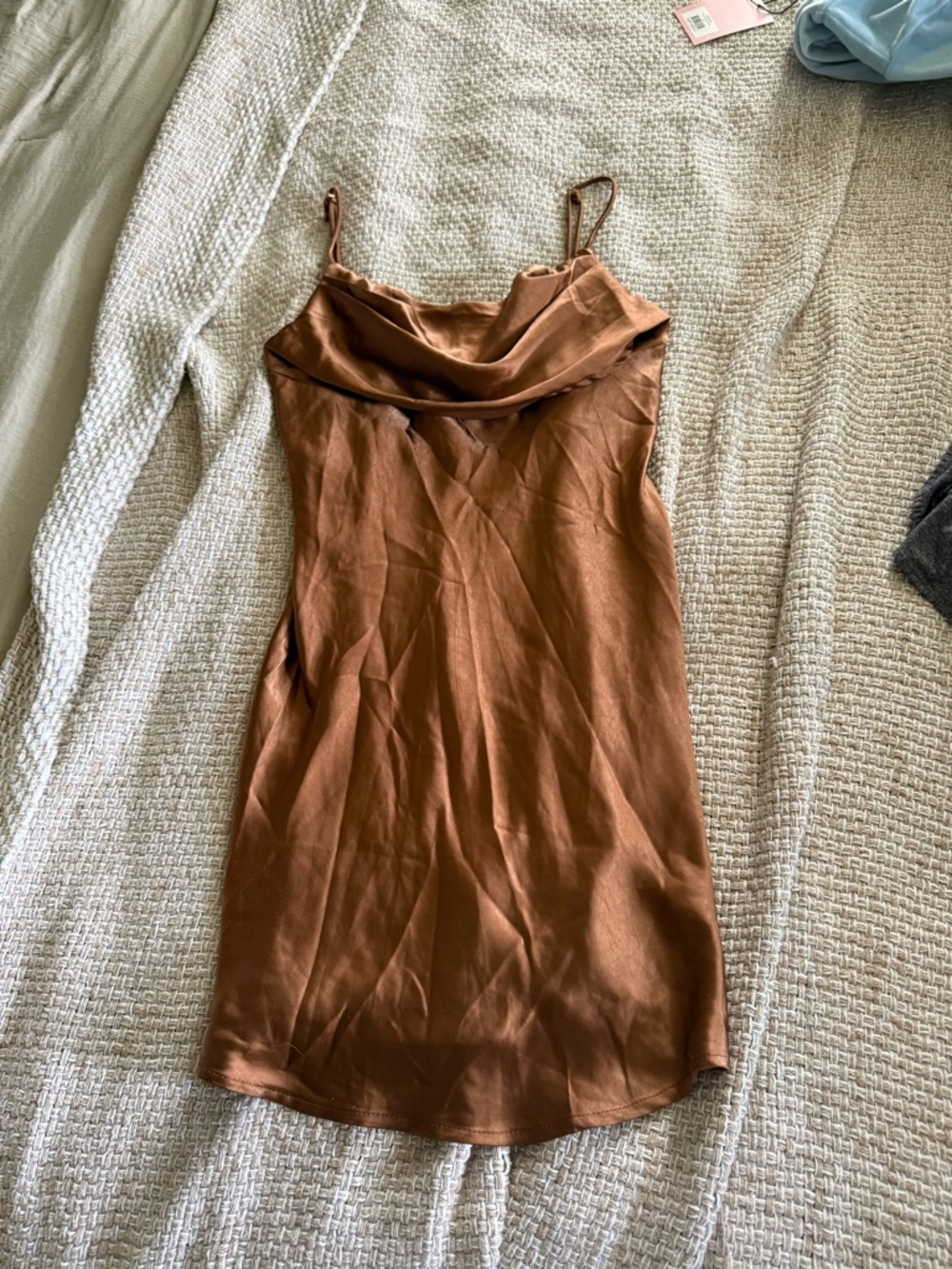 Saints & Secrets Satin Cowl Neck Slip Dress in Rust